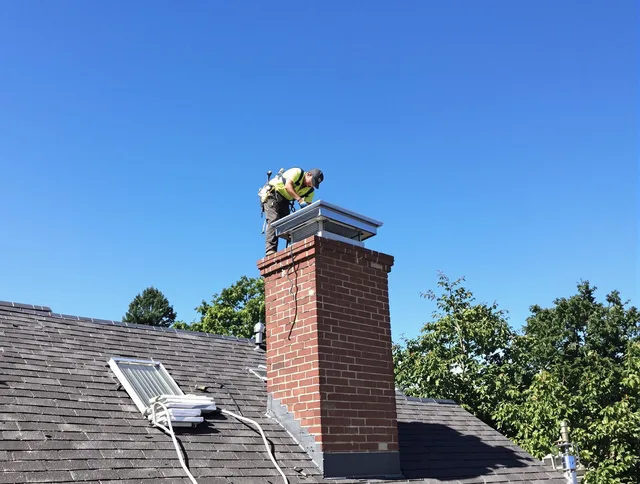 Kingston Chimney Sweep technician measuring a chimney cap in Kingston, MA