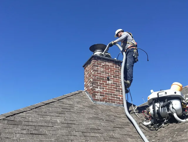 Dedicated Kingston Chimney Sweep team member cleaning a chimney in Kingston, MA