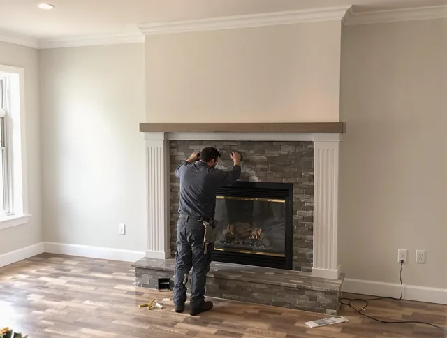 Kingston Chimney Sweep finishing a custom fireplace install in Kingston, MA